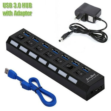 IC ICLOVER 7-Port Powered USB 3.0 Hub Splitter Adapter High Speed Extension with on/off Switches for PC Laptop Macbook Desktop