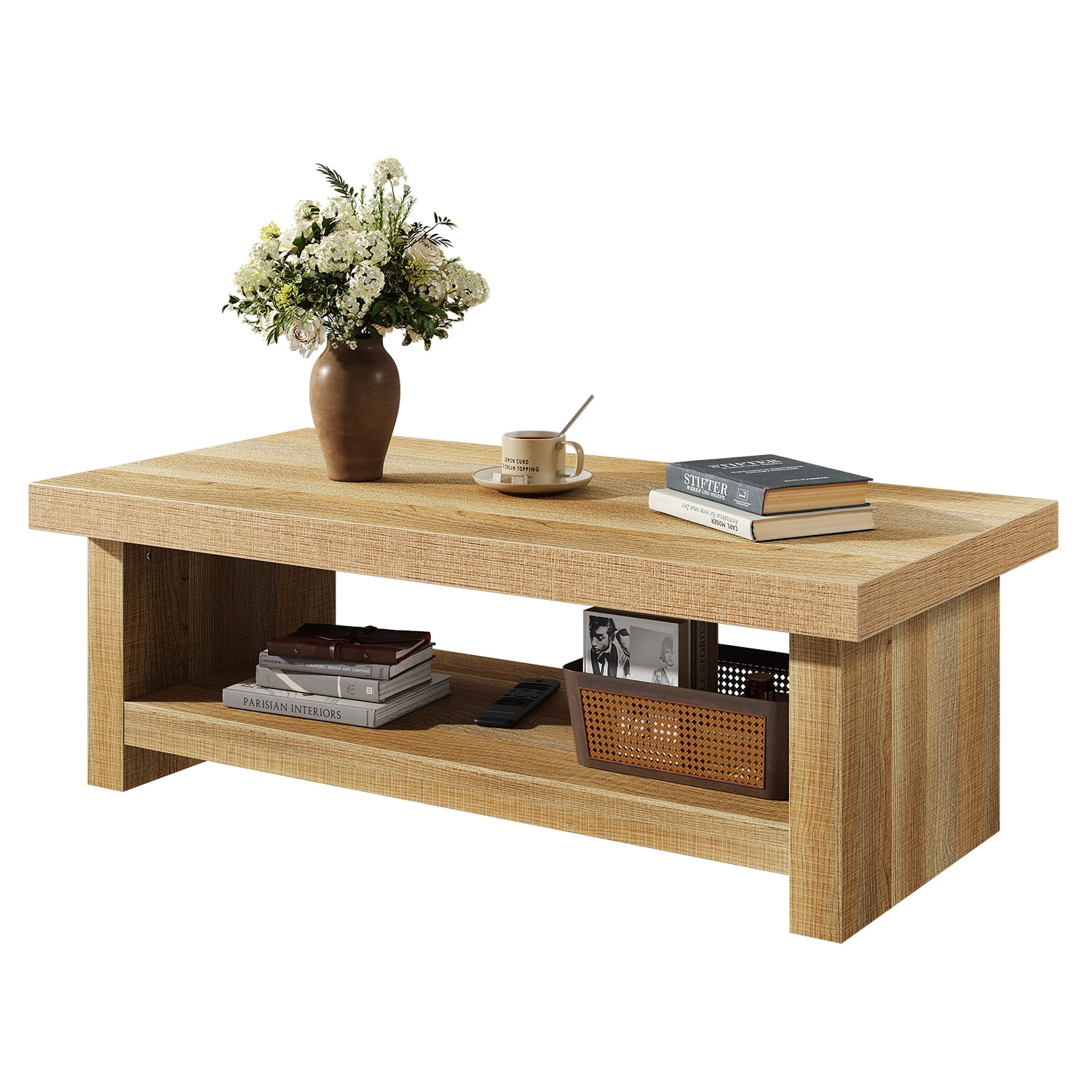 47" Rectangle Farmhouse Coffee Table, 2-Tier Storage Center Tables, Wooden Rectangular Table, Low Cocktail Tea Table for Living Room, Thick & Sturdy Base, Easy Assembly, Natural