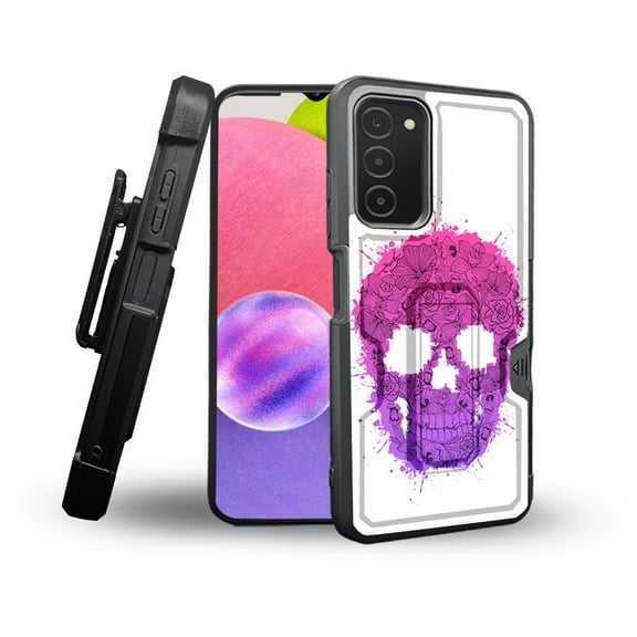 ANJ  Rugged Shockproof Holster Case Card Slot Kickstand   Tempered Glass Cover for Samsung Galaxy A03s - Abstract Skull