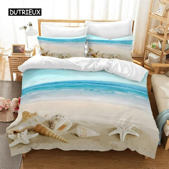 Beach Duvet Cover Set Polyester Tropical Island with The Palm Tree and Sea Beach Nature Theme Double