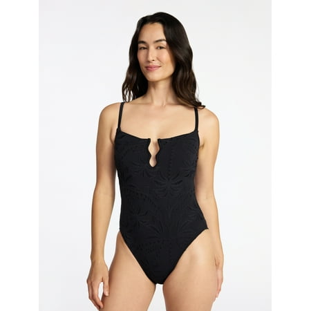 Time and Tru Women's and Women's Plus Size Eyelet Embroidered V Wire One Piece Swimsuit, Sizes XS-3X