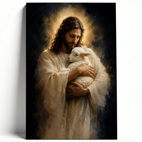 Jesus Holding Lamb Canvas Wall Art, Christian Religious Artwork, Good Shepherd Faith Decor, Spiritual Home Decoration For Living Room Bedroom 8*12