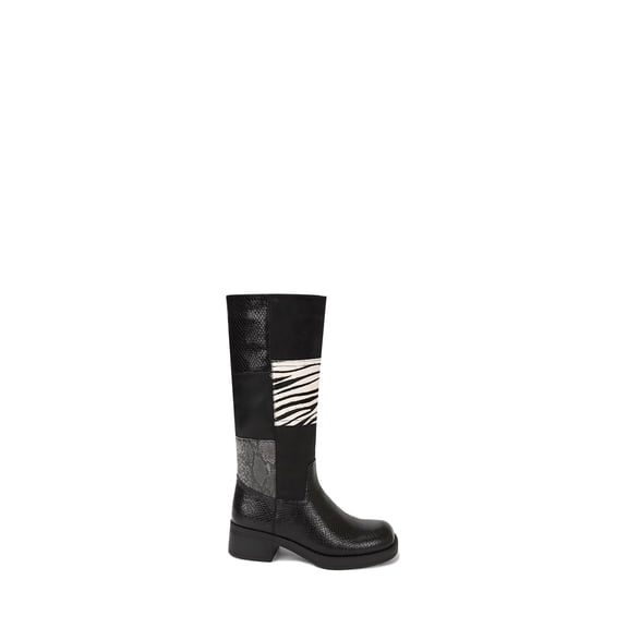 Yoki Women’s Patchwork Animal Print Knee-High Boots with Block Heel