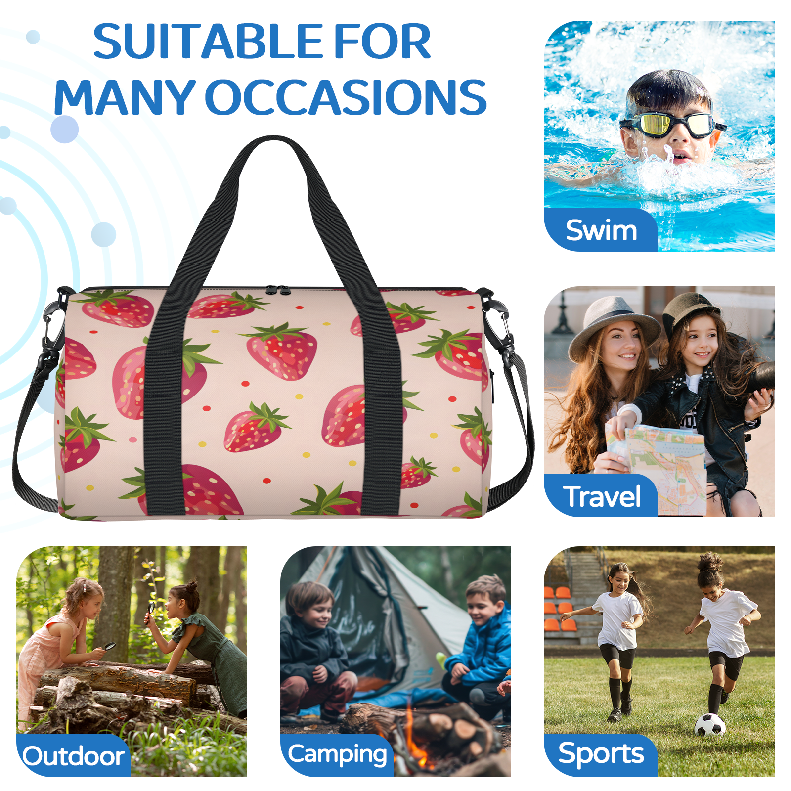 Herdesigns Strawberry Travel Duffle Bag Sports Yoga Weekender Overnight Carry on Workout Bags Lightweight Waterproof Gym Tote Bag for Women Strawberries