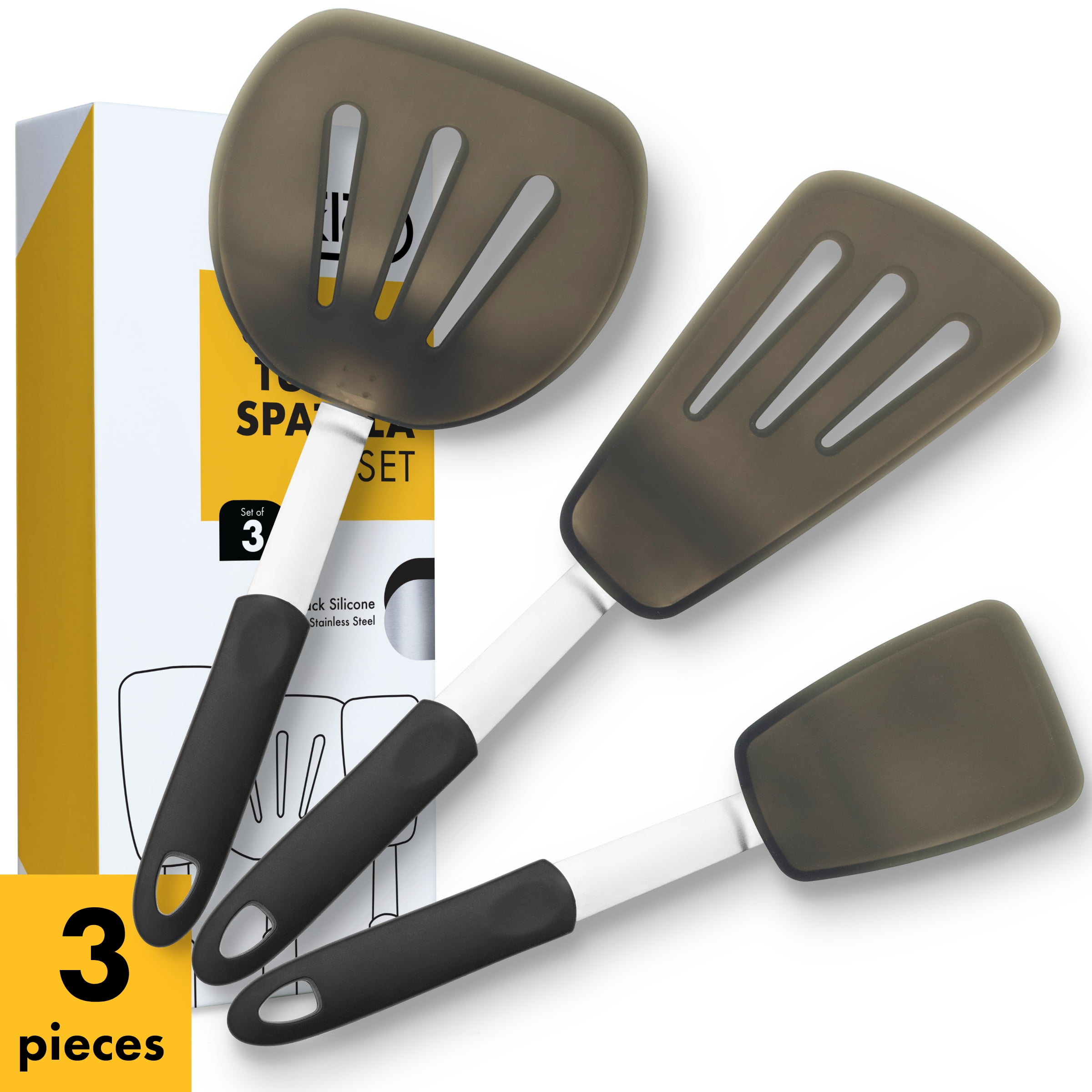 320C Grill Spatula Tools for BBQ Stainless Steel and Silicone Heat Resistant Kitchen Utensils Gift Box and Bonus Recipe Ebook Egg and Pancake Flipper Yellow Silicone Spatula Turner Set