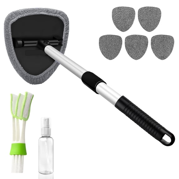 Windshield Cleaning Tool with 180° Rotating Head, Glass Cleaner with Extendable Handle, Includes 6 Reusable Microfiber Covers, 1 Spray Bottle, and 1 Detail Brush – Car Glass Cleaning Brush.