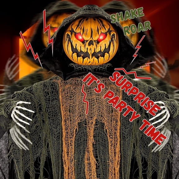SINKOO 59" Halloween Animatronics Hanging Talking Pumpkin Decor with Sound Activated, Glowing Eyes, Spooky Sounds and Motion, for Halloween Outdoor Decor