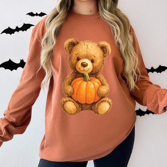 Watercolor Pumpkin Bear - Womens Garment Dyed Long Sleeve