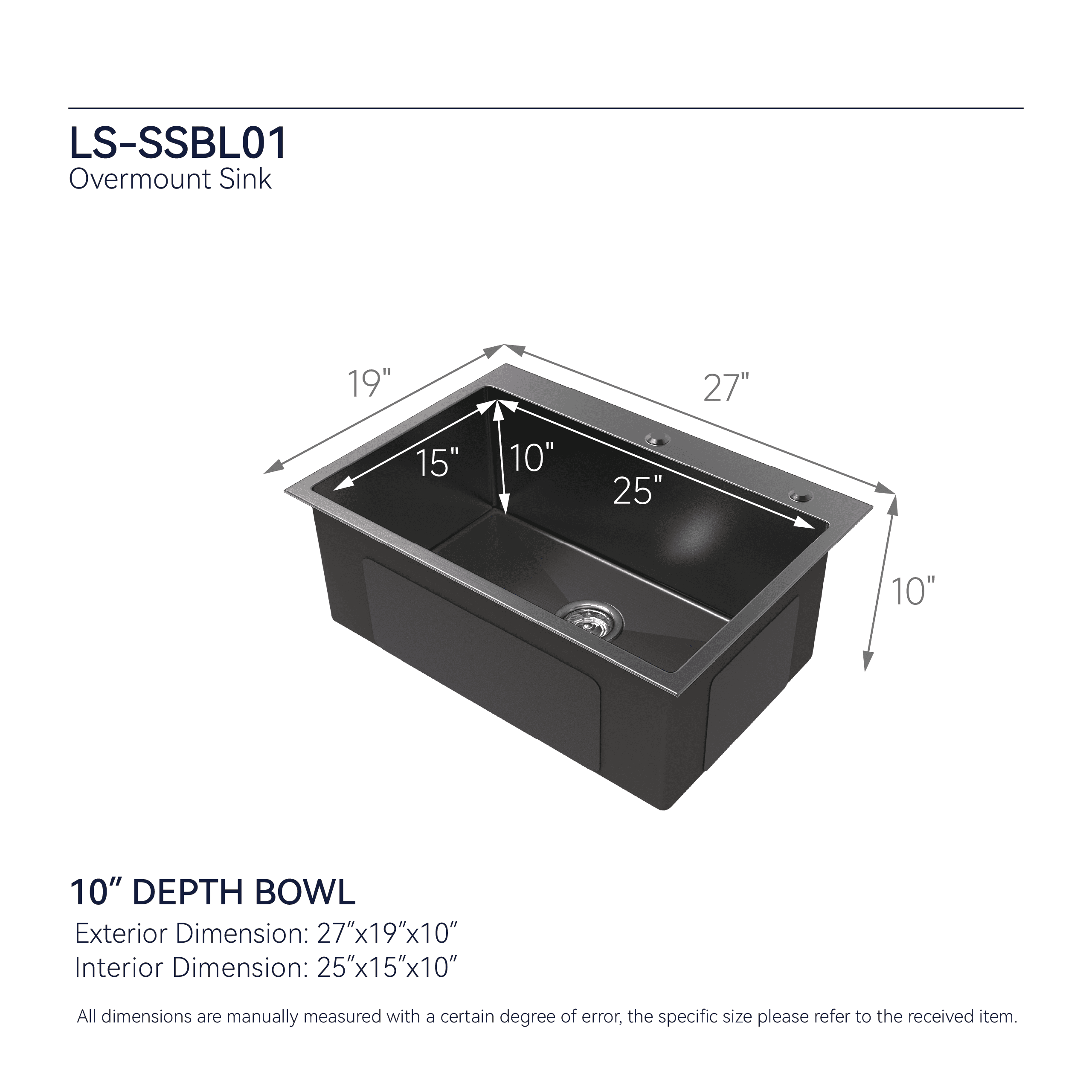 Izzovium 27"x19" Single Bowl Black Stainless Steel Kitchen Sink, Overmount Handmade Design with US Standard Drain and Hook, 304 Gauge 20 Steel, Sound Absorbing & Fingerprint Resistant