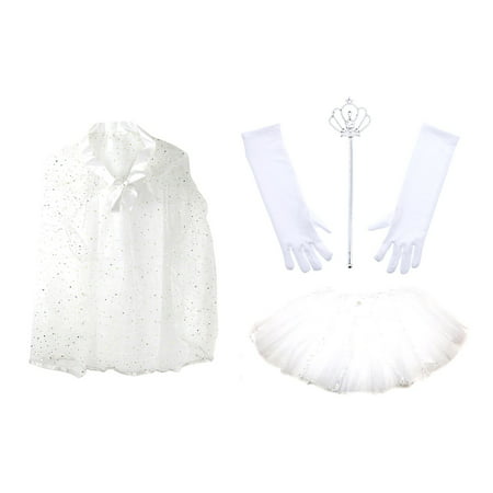 Pretend Play Dress Up White Princess Twinkle Star Costume Cape and Mozlly White Royal Princess Wand and Gloves Set (3pc Set) and Mozlly White 3 Layered Polka Dot Trim Flower Ballerina