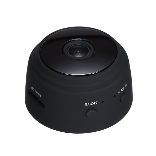 mini cámara espía wifi 1080p lente gran angular de 150 ° visión nocturna detección de movimiento cám Cámara mini negra, vista frontal 3/4 con lente central y carcasa cónica; ranura para tarjeta micro SD visible y botones "MODE" y encendido en el lateral, superficie mate sin luces indicadoras aparentes; tamaño compacto 35 x 25 mm, diseñada para vigilancia discreta en hogar u oficina y conexión por punto de acceso Wi‑Fi.