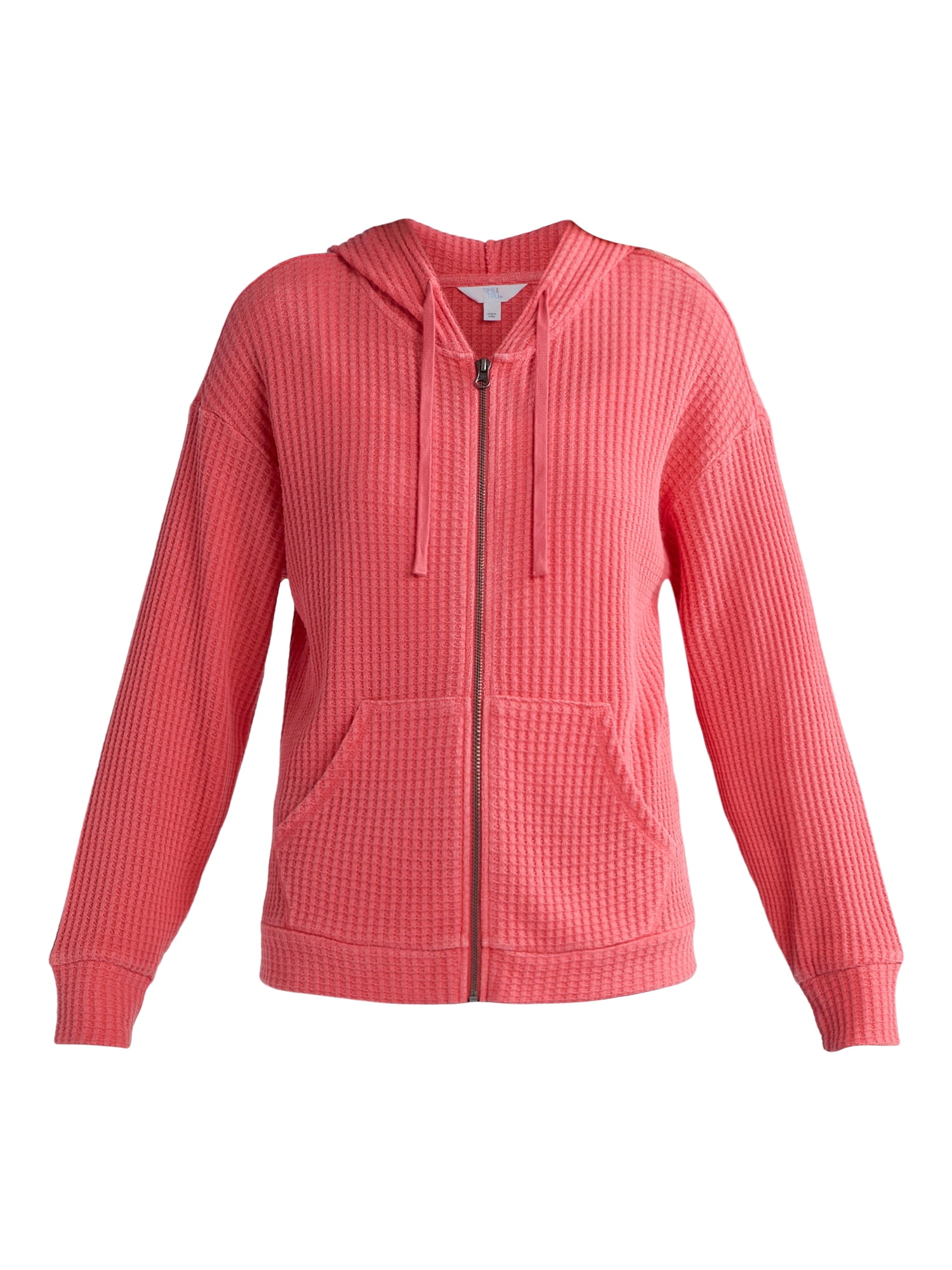 Time and Tru Women's Waffle Full Zip Hoodie with Long Sleeves, Sizes S-XXXL