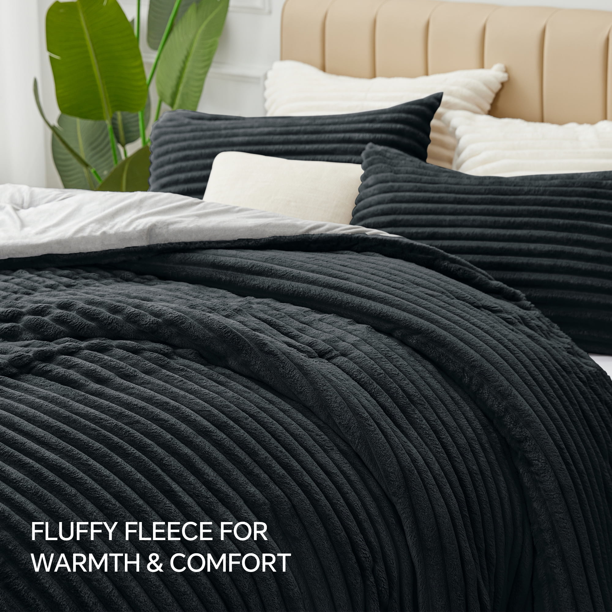 BEDELITE Fleece Queen Comforter Set -Super Soft & Warm Fluffy Black Bedding, Luxury Fuzzy Heavy Bed Set for Winter with 2 Pillow Cases