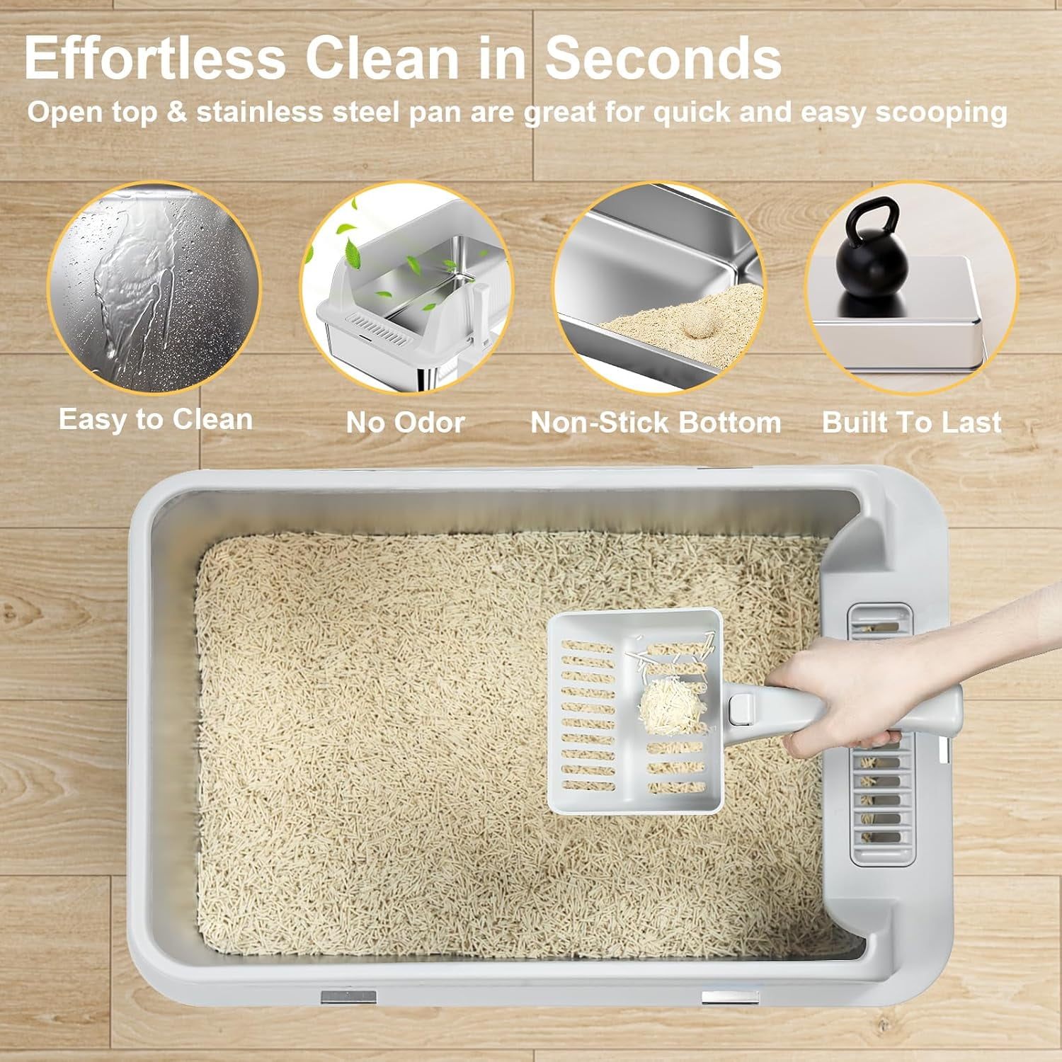 TENTIZON Large Stainless Steel Cat Litter Box, Open Top Metal Kitty Litter Tray with High Sides, Litter Mat, Scoop for Indoor Cats, Kitten,Big Cats, No Odor, No Mess, Leak Proof, Easy Clean