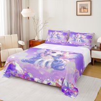 jejeloiu Chic Cartoon Unicorn Queen Sheet Sets,Fairy Tale Theme Flat Sheet,3D Diamond Queen Fitted Sheet For Kids,Luxury Bedroom Decor,4-Piece