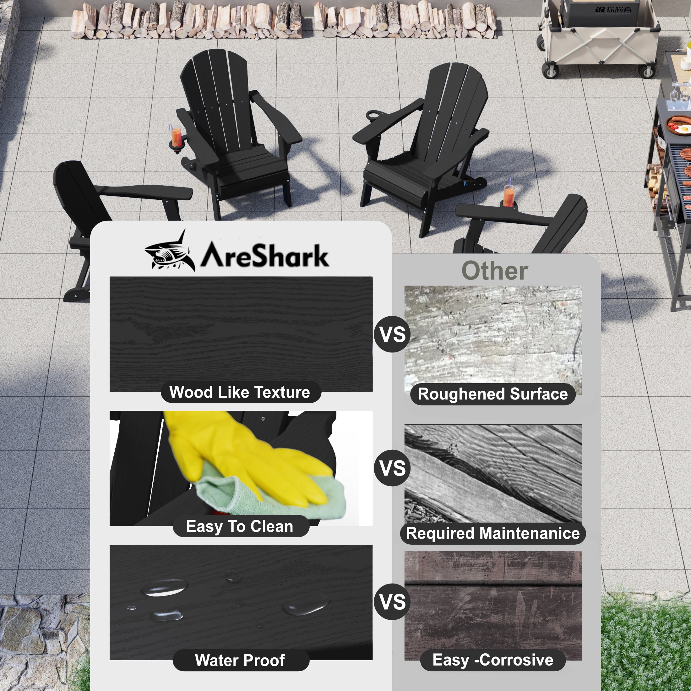 AreShark Adirondack Chair,HDPE All-Weather Patio Chairs Outdoor with Cup Holder, Lawn Chair with Weather Resistant for Outside Deck Lawn Garden, Weight Capacity Up to 380 Lbs –Black