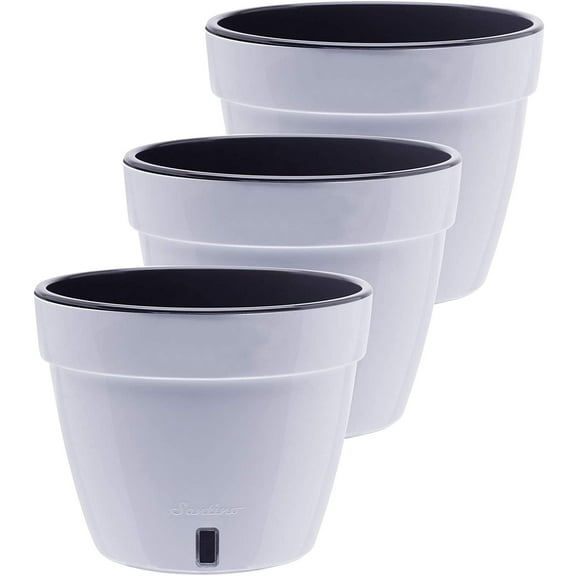 DecoPots - 3 Pack - 7.1 Inch - Self Watering Planter - Modern Flower Pot with Water Level Indicator - 5.5" Tall - for All House Plants, Flowers, Herbs Diameter 7.1", White - Black