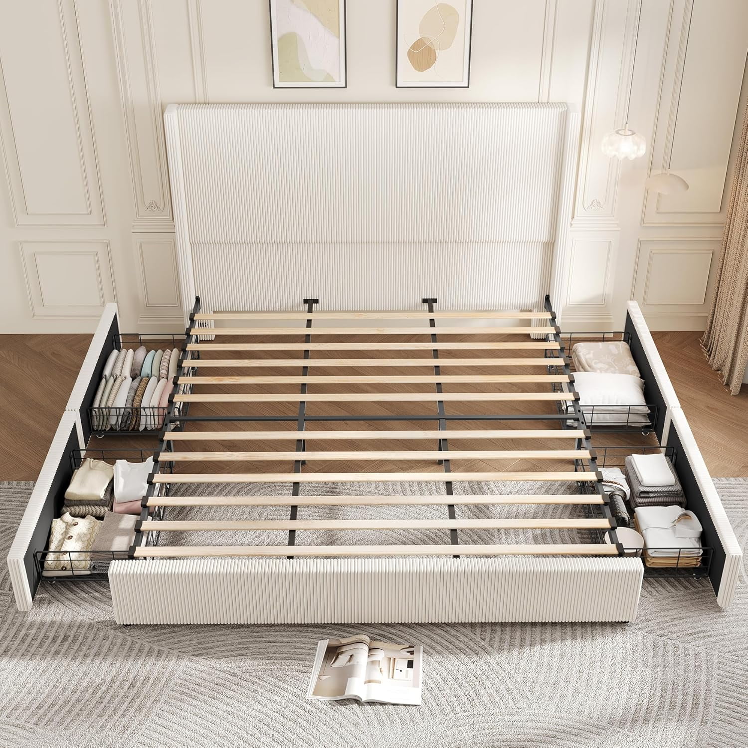 King Size Bed Frame with Storage Drawers, Corduroy Upholstered Platform with Wingback, Tufted Headboard and Footboard, No Box Spring Needed, Beige