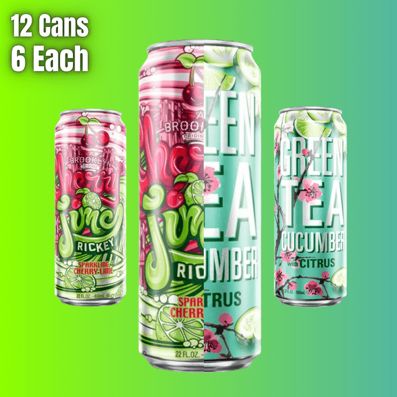 Arizona Cherry Lime and Cucumber Green Tea 22 fl oz Cans, 12 Pack Variety Set with 6 of Each Refreshing Flavor