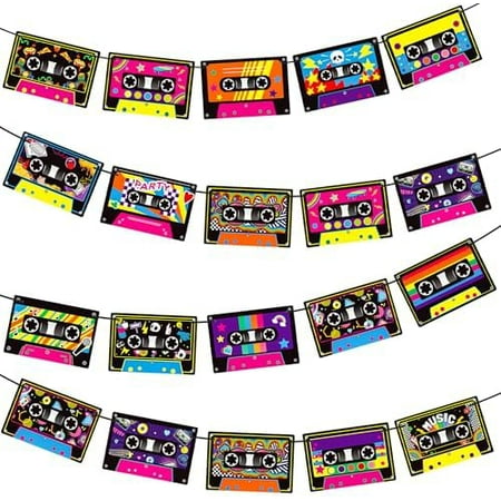 Cassette Tape Party Banners 4PCS Cassette Player Party Decorations Radio Boom Cutout Banners Cassette Birthday Supplies for Retro 70‘s 80's 90's Music Party Decor