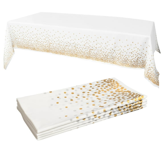 Prestee White and Gold Tablecloths, 4pk, 54x108 Inches - Party Table Cloths Disposable - Gold Dot Disposable Tablecloths - Plastic Table Cloth - Engagement Party Decorations, Baptism Decorations