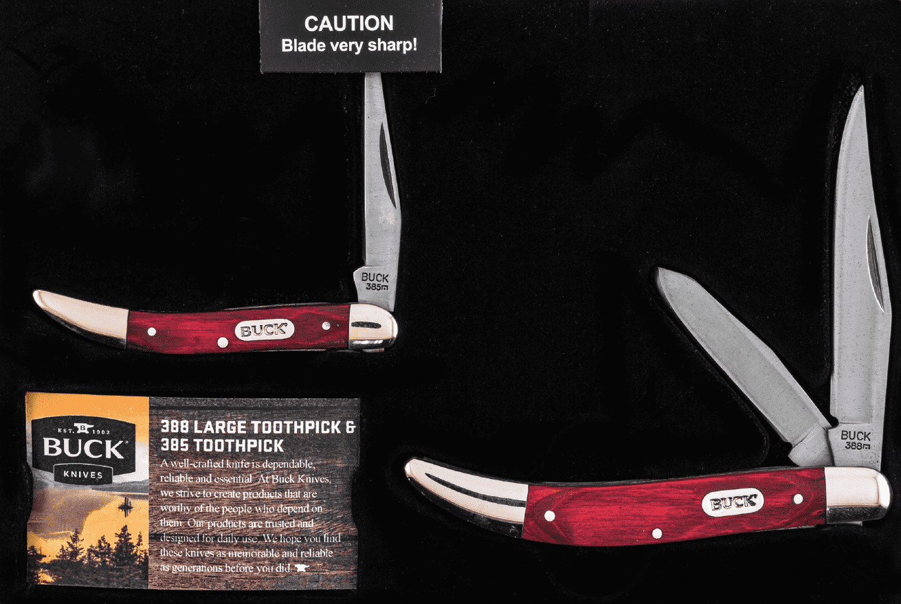 Buck Knives CMBO159WM 388 Large Toothpick and 385 Toothpick Wood Handles Decorative Tin