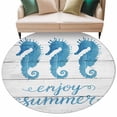 thumbnail image 2 of Enjoy Summer Round Living Room Rugs 8 ft, Coastal Watercolor Blue Seahorses Wood Grain Washable Large Area Rug with Non-Slip Sturdy Edge Binding Round Carpet for Dining Room Kitchen Office, 2 of 9