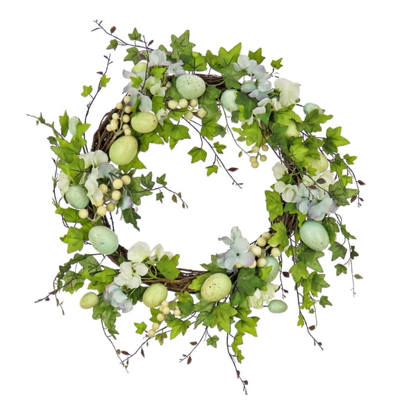 National Tree Company 22 inch Artificial Easter Wreath Decorated with Pastel Eggs, Blue Flowers, Indoor or Covered Outdoor Easter Decoration