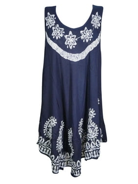 Mogul Womens Dark Blue Batik Embroidered Tank Dress Sleeveless Flare Hem Beach Wear Cover Up Sundress L
