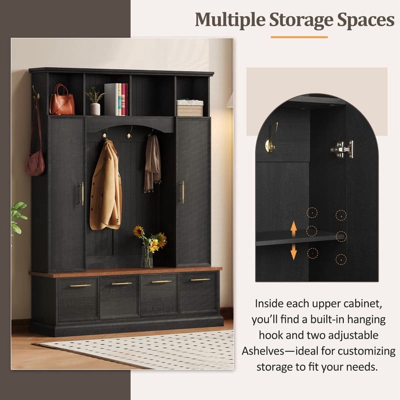 Farmhouse 4-in-1 Hall Tree with Golden Hooks & Handles, Entryway Shoe Bench with Adjustable Shelves, Farmhouse Coat & Shoe Rack for Mudroom