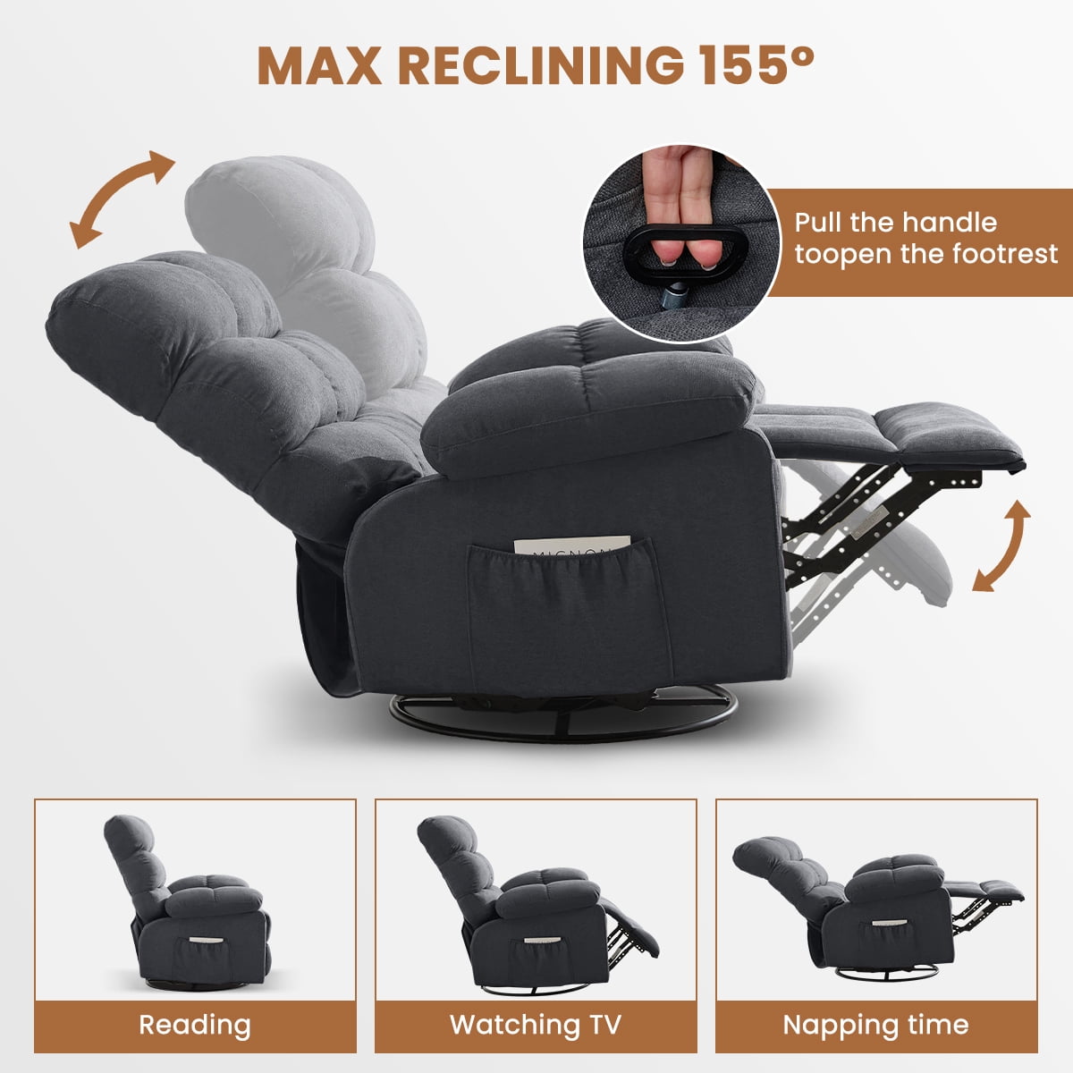 360° Swivel Manual Rocker Recliner Chair with Side and Front Pockets