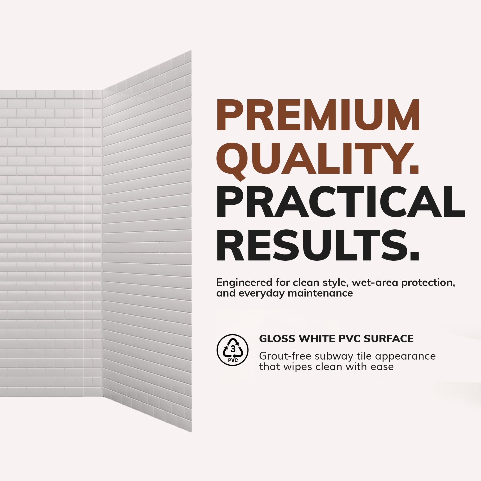 Subway Tile PVC Glue-up Tub and Shower Wall Panels Surround in Gloss White (96 Sq.ft) - 1 Piece