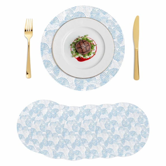 Ocean Shell Round 13 Inch Placemats Set of 6, Summer Coastal Seashells Texture Light Blue HeatResistant Non Slip Place Mats for Dining Table, Wipeable Braided Kitchen Table Mats for Housewarming
