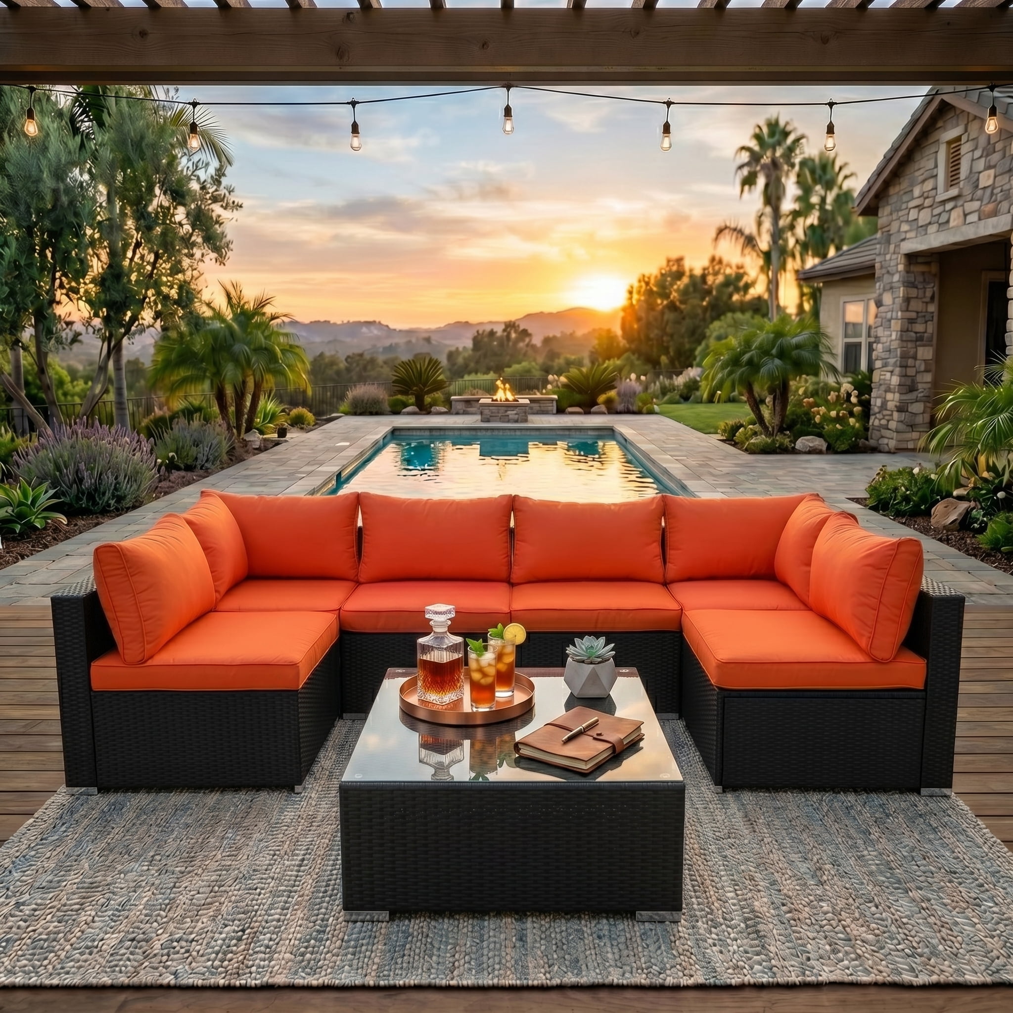 Howcool 7-Piece Modular Outdoor Patio Furniture Set with Cushions and Tempered Glass Table
