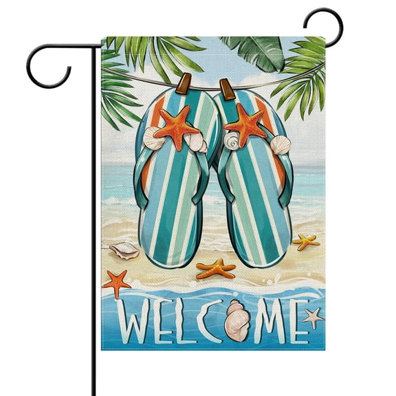 Welcome Summer Beach Coastal Flip Flops Garden Flag 12x18 Double Sided Tropical Palm Leaves Hawaii Nautical Conch Starfish Yard Decor