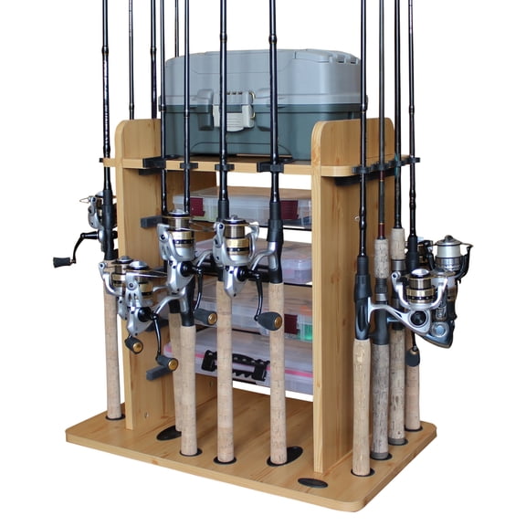 Rush Creek Creations 14 Fishing Rod Rack with 4 Utility Box Storage Capacity & Dual Rod Clips - Features a Sleek Design & Wire Racking System