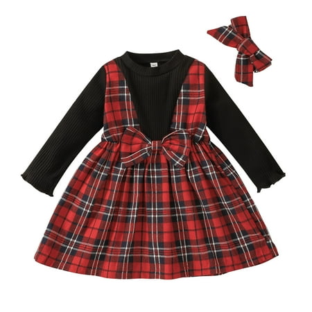 

4t Dresses for Girls Long Sleeve Dress for Girls Lace Toddler Girls Long Sleeve Plaid Prints Bowknot Dress Headbands Outfits Long Sleeve Princess Dress Girls