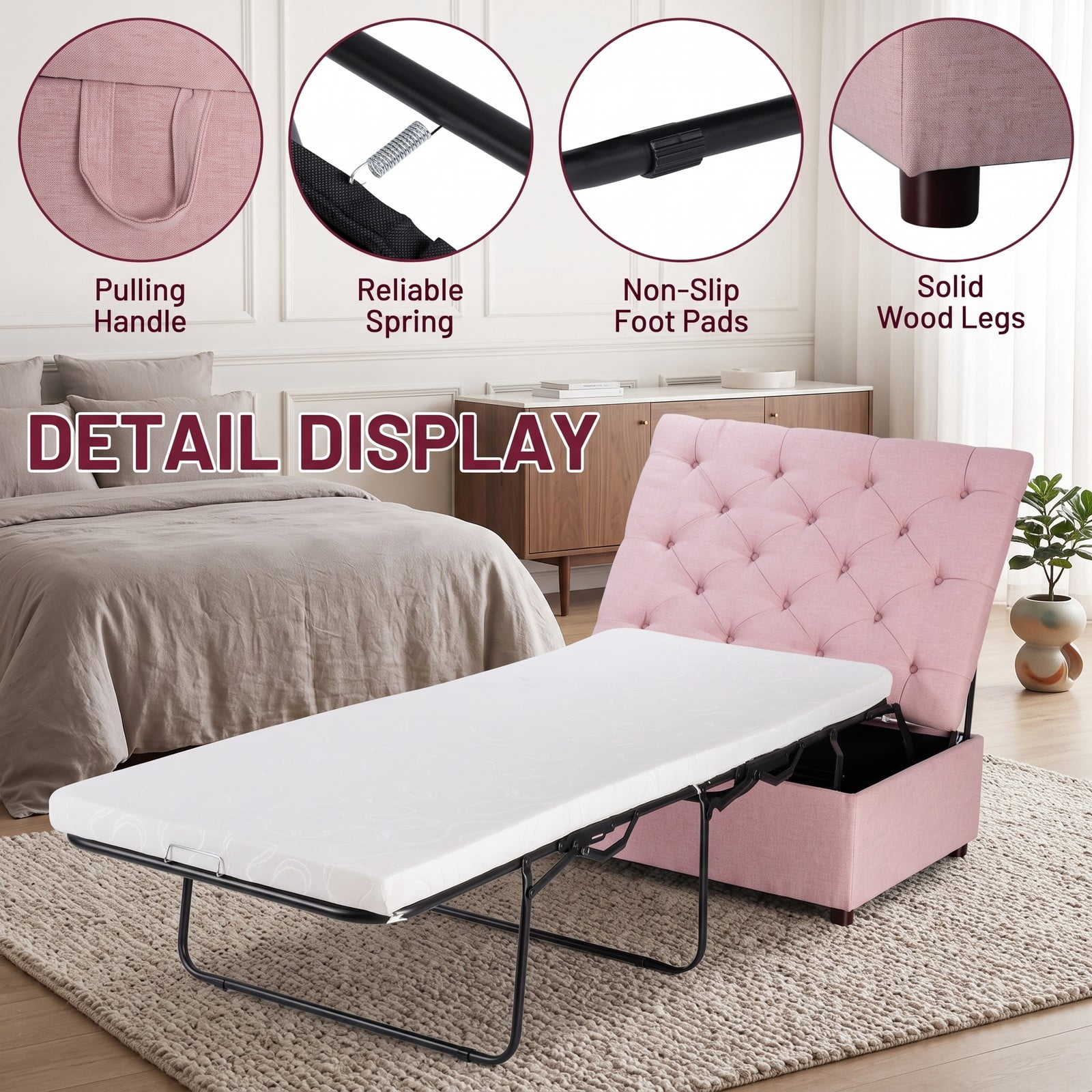 Furnibear Folding Bed Ottoman Sleeper with Mattress and Padded Storage Stool, Rollaway Bed Frame for Guest Room Office and Nap, Pink