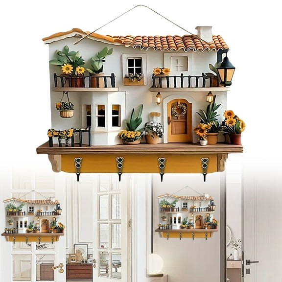 Hanging Sunflower Cottage Wooden Key Holder Key Hooks for Wall Multifunctional Home Decor With 4 Metal Hooks Wall Mount Entryway Keys Hanger Home Decor