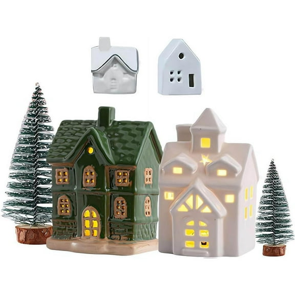 Ceramic Christmas Village Set with LED Illumination for Holiday Tabletop Displays and Winter Wonderland Scenes, Handcrafted Cottage Figurines for Valentine's Day Decor and Festive Centerpieces