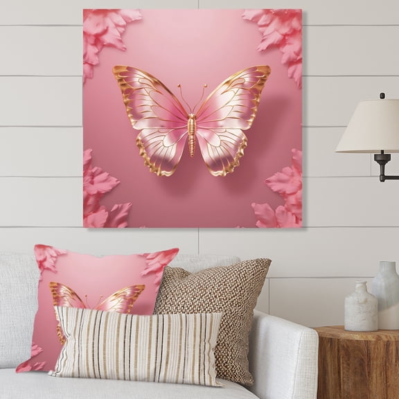 Designart "Butterfly in Pink and Gold II" Animals Metal Wall Art
