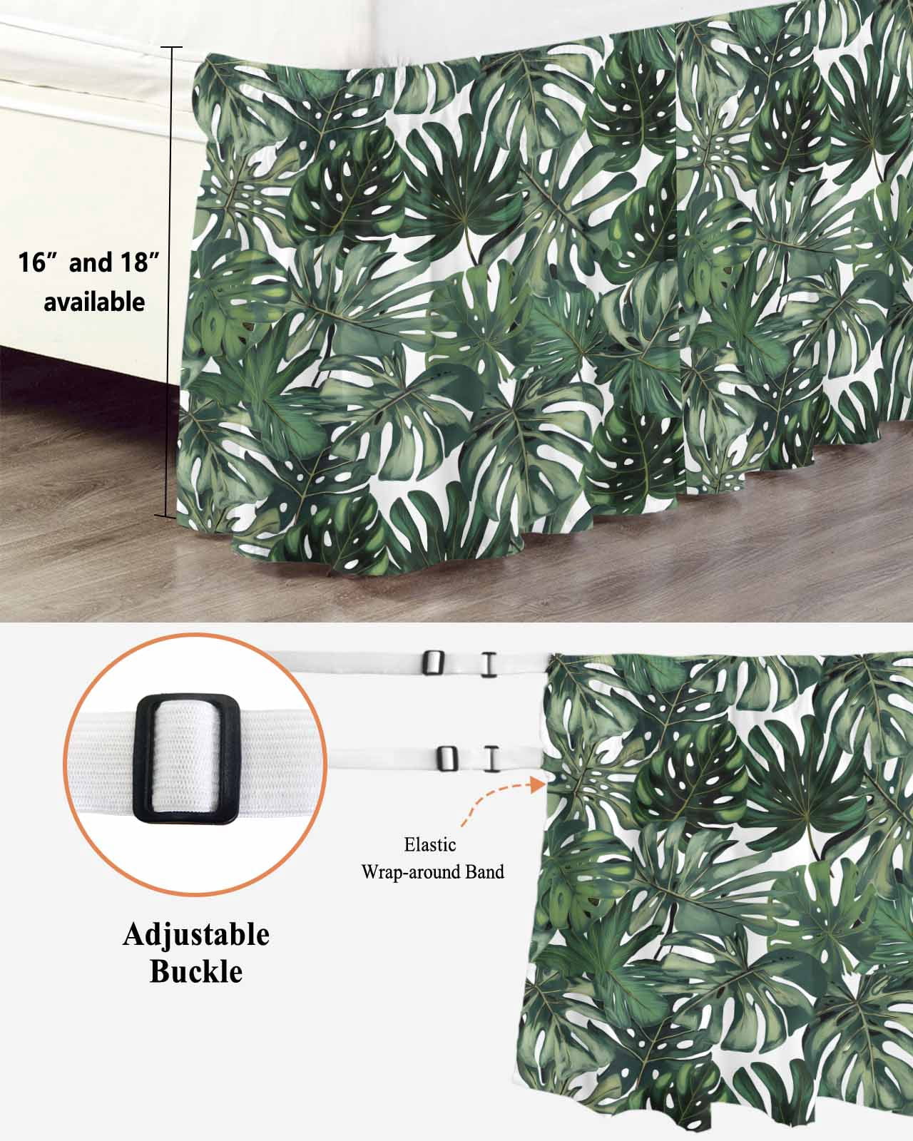 Green Palm Leaves Wrap Around Bed Skirts for King Bed 16" Drop, Bed Skirt with Adjustable Elastic Belt Dust Ruffle Bed Valance for Bedroom Hotel Luxury Summer Tropical Leaf Vintage Bed Frame Cover