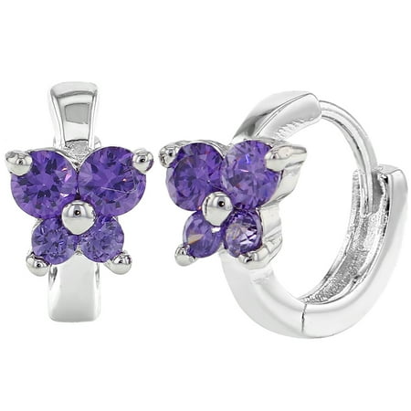 butterfly sterling earrings silver hoop huggie 10mm cz purple