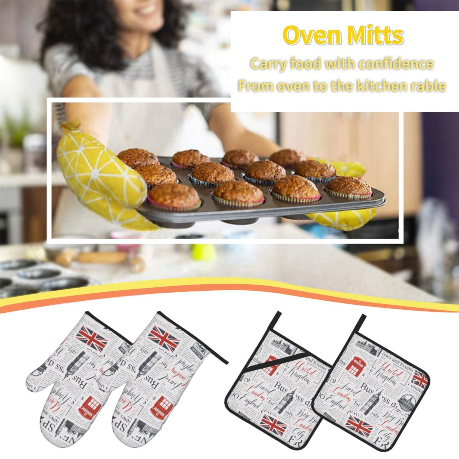 Uk And London British Vintage Newspaper 4Pcs Oven Mitts and Pot Holders Sets Oven Kitchen Gloves Hot Pads for Cooking BBQ Baking Grilling