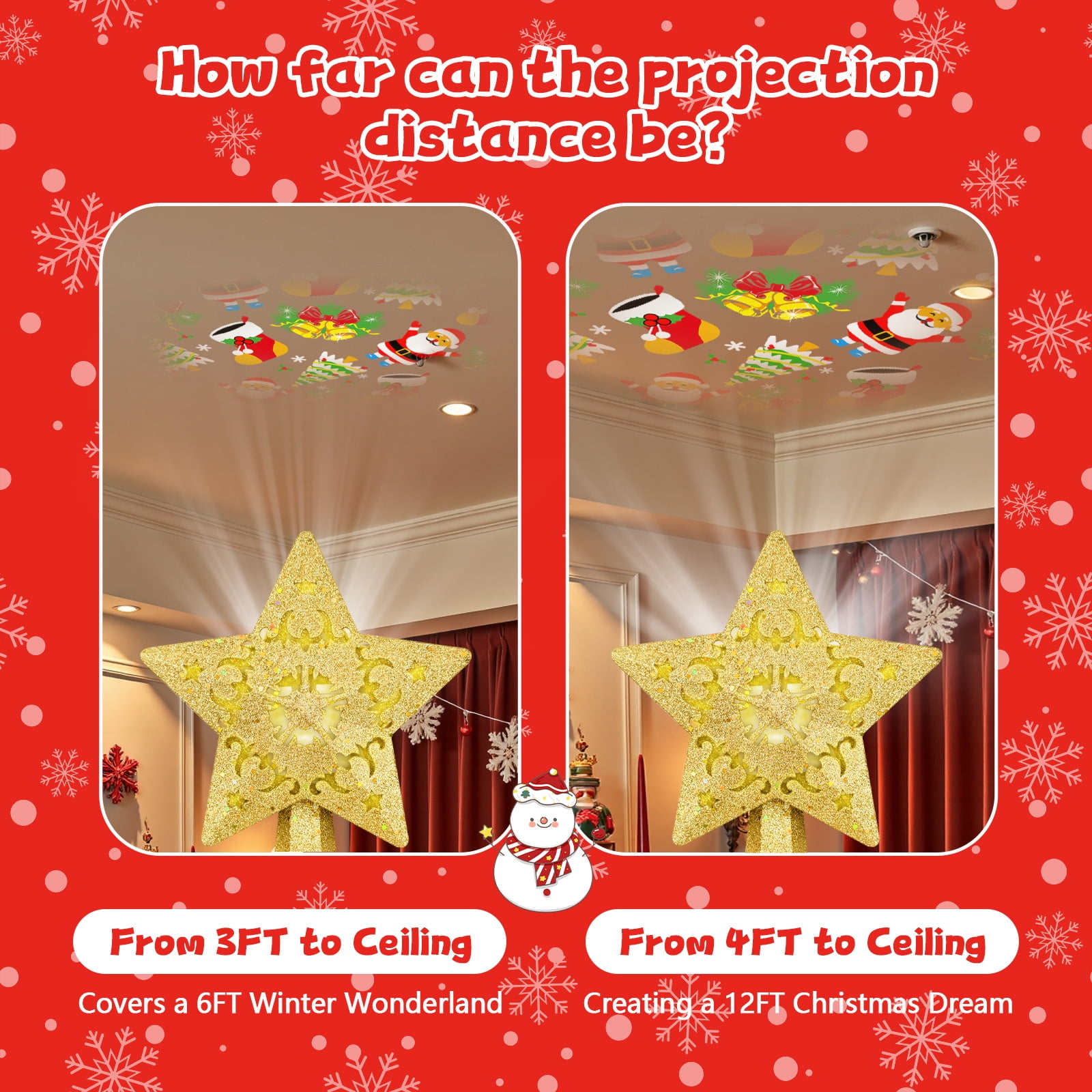 Christmas Star Tree Topper with Built-in Led Projector Lights Hollowed Pentagram Tree Topper, Christmas Decorations Light, Plug in Christmas Tree Ornament for Indoor Office New Year Holiday, Gold