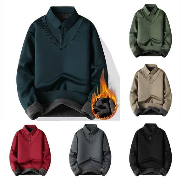 safuny Men's Solid Color Pullover Casual Shackets Winter Thicken Business Shirts Big&Tall Turn Down Collar Sweatshirts Long Sleeve Tops Workout Fashion Green L