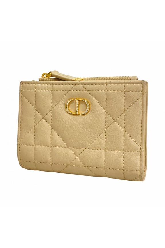 Pre-Owned Christian Dior Caro Leather Wallet, Beige, Women's (Good)