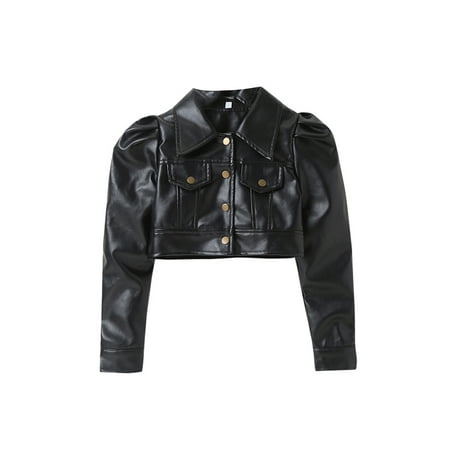 

Toddler Baby Kid Girl s PU Leather Mini Jacket Long Sleeve Solid Button Down Pocket Mini Coat Outwear