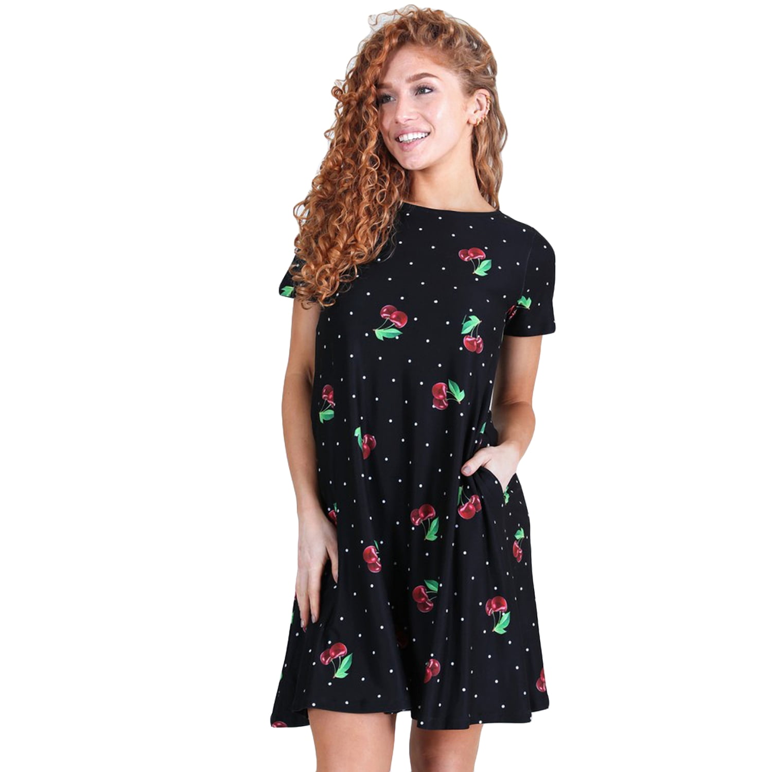 Women's Sweet Cherry Print Dress with Pockets Walmart