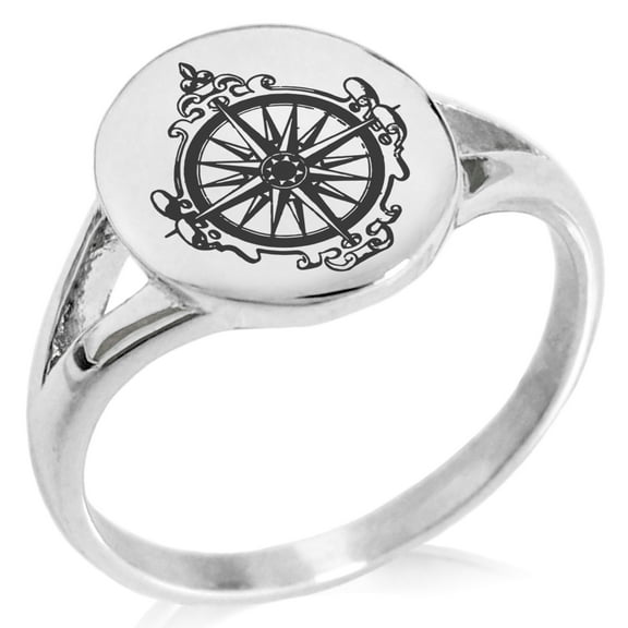 Stainless Steel Nautical Antique Royal Compass Minimalist Oval Top Polished Statement Signet Ring